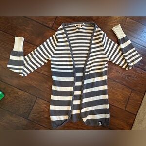 ROXY Striped Knit Cardigan Sweater Open Front Gray & Cream Sz S